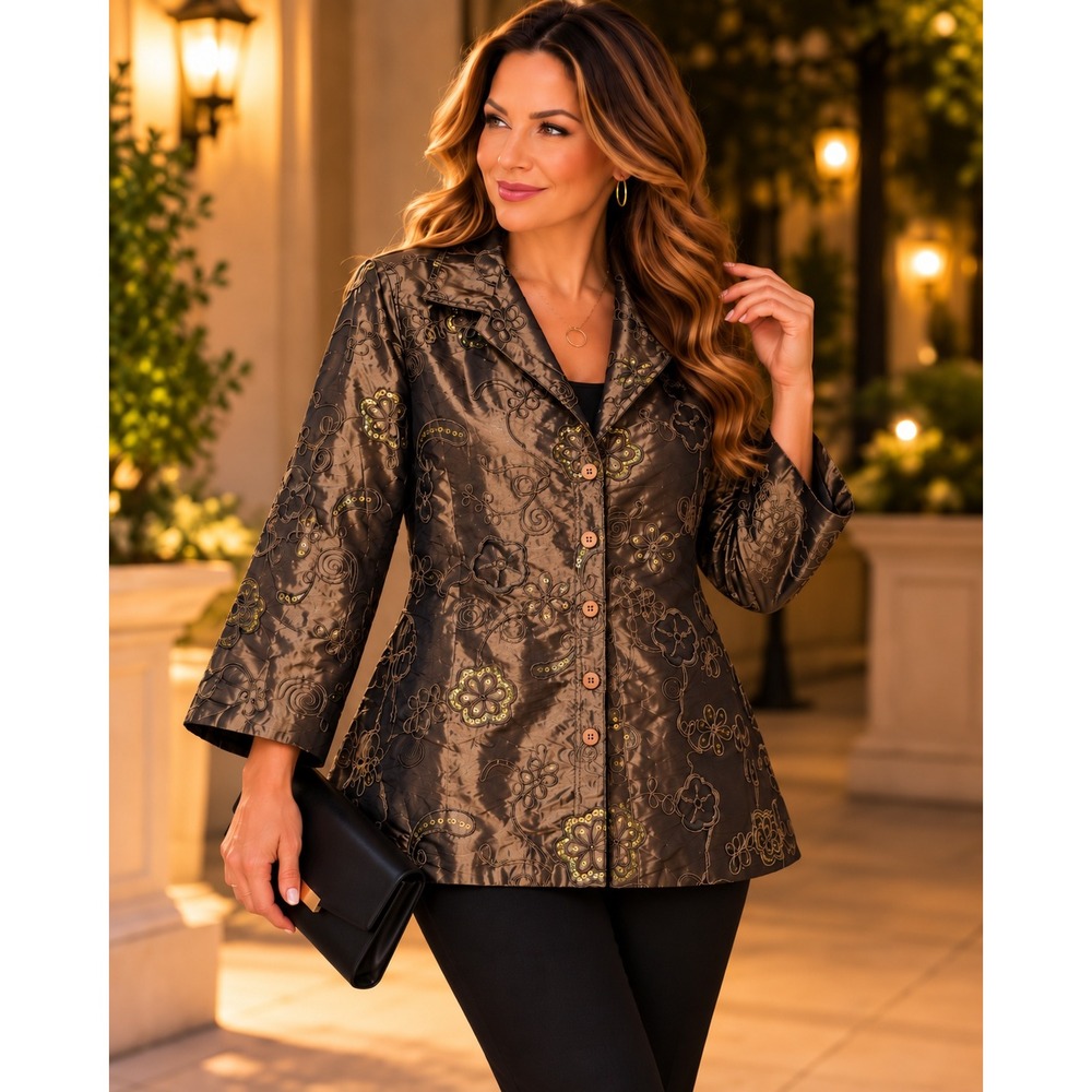 Susan Graver Style Bronze Embroidered Sequin Taffeta Jacket Plus Size 1X